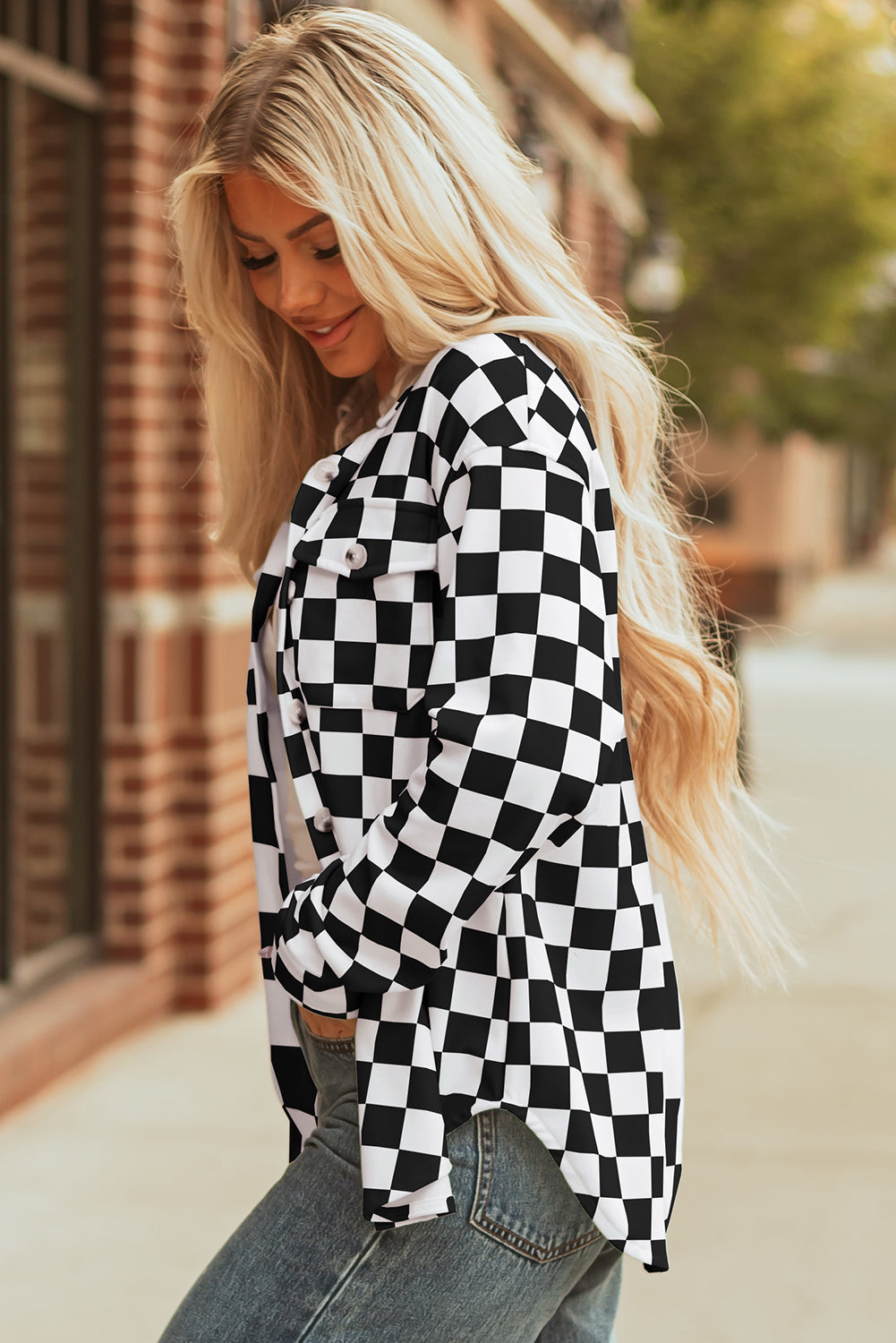 Black Checkerboard Flap Pocket Button Front Shacket For Casual Wear Lightweight Street Style Outerwear Dear-Lover Dropshipping